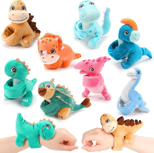 Liliful 8 Pack Kids Valentine's Day Gifts Stuffed Animal Cat Slap Bracelets, Valentines 8 Inch Plush Wrist Cute Snap Bracelets Birthday for Boys Girls Child Bulk Items Party Favors(Dinosaur)