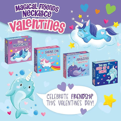 Peaceable Kingdom Valentines Cards for Kids Classroom, Set of 28 Valentines Day Gifts - Magical Friends Unicorn and Narwhal Horn Necklaces