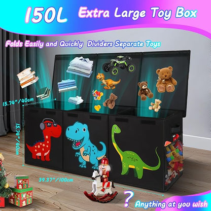 Mabahoo Extra Large Toy Box Chest, Collapsible Sturdy Kids Storage Organizer Bins with Lids, Black Dinosaur Toy Chest for Boys Girls, 40"x16"x16" Toy Storage Bin Boxes for Playroom Bedroom Nursery