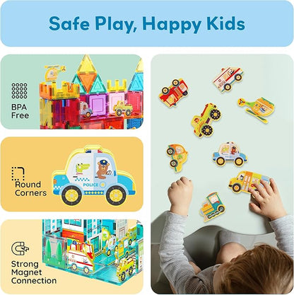 PicassoTiles 8pc Metro City Vehicle Magnet Building Block Set with Magnetized Action Figures Compatible with Magnetic Tile Kits STEAM Educational Construction Playset for Boys Girls Age 3 Plus PTA24