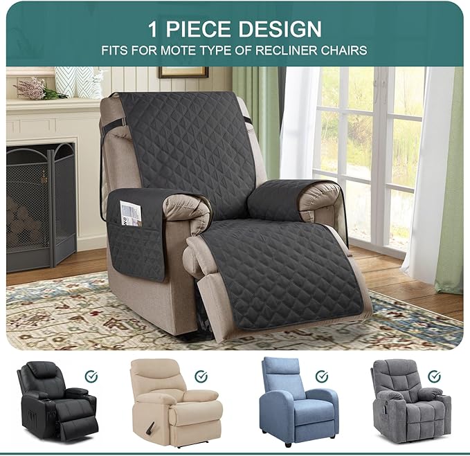 Ruaozz 100% Waterproof Recliner Chair Cover Non-Slip Reclining Cover for Recliner Chair Washable Chair Seat Cover with Elastic Straps for Kids, Dogs, Pets (Charcoal Grey, 23'')