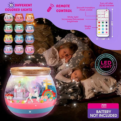 ACRABROS Unicorn Terrarium Kit for Girls: LED & Glow Stones Present for Birthday - DIY Art for Activity Toy Gift - Light up Decoration with Sand Set - Craft Idea for Kids Age 4 5 6 7 8-12 Year Old