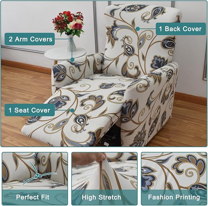 NILUOH Stretch Recliner Cover 4 Pieces Electric Power Lift Recliner Chair Cover Reclining Couch Cover Anti-Slip Fitted Furniture Protector with Side Pocket