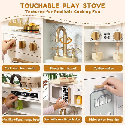Interactive Wooden Play Kitchen Set for Kids: Realistic Features with Extended Storage and 15 Kitchen Accessories, Ideal Pretend Playset Gift for Toddlers and Children Ages 3+