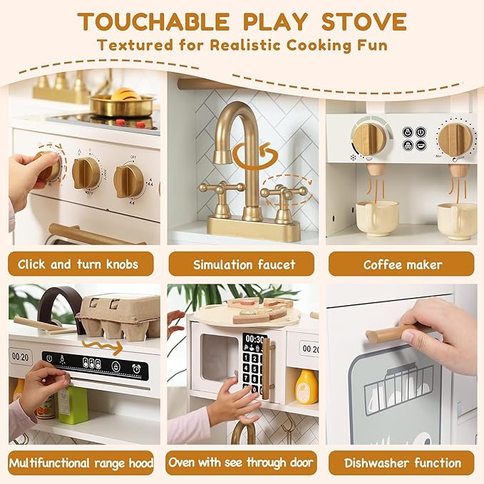 Interactive Wooden Play Kitchen Set for Kids: Realistic Features with Extended Storage and 15 Kitchen Accessories, Ideal Pretend Playset Gift for Toddlers and Children Ages 3+