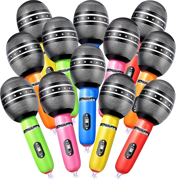 Zhanmai 12 Pieces Inflatable Microphones for Parties 9. 4 Inch Blow up Plastic Fake Microphone Props Toys for Musical Sing Concert Karaoke 80s 90s Party Cosplay Stage Decoration Supplies