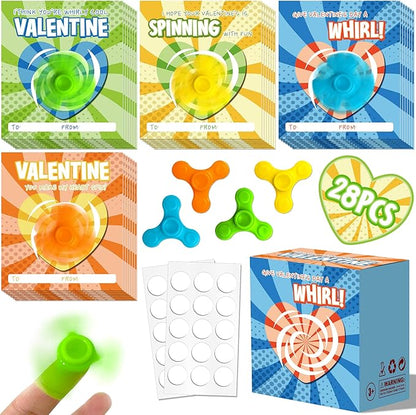 Valentine Cards for Kids Classroom - 28Packs Fidget Spinner Valentines Cards, Class Valentines Day Gifts for Kids School Classroom Exchange, Fidget Spinners Stress Toys Bulk