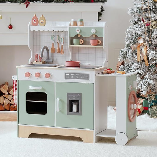 ROBOTIME Wooden Play Kitchen, Wood Kids Play Kitchen with Ice Maker and BBQ, Kids Play Kitchen Pretend Play Set with Lights & Sounds for Ages 3+, Gift for Boys and Girls