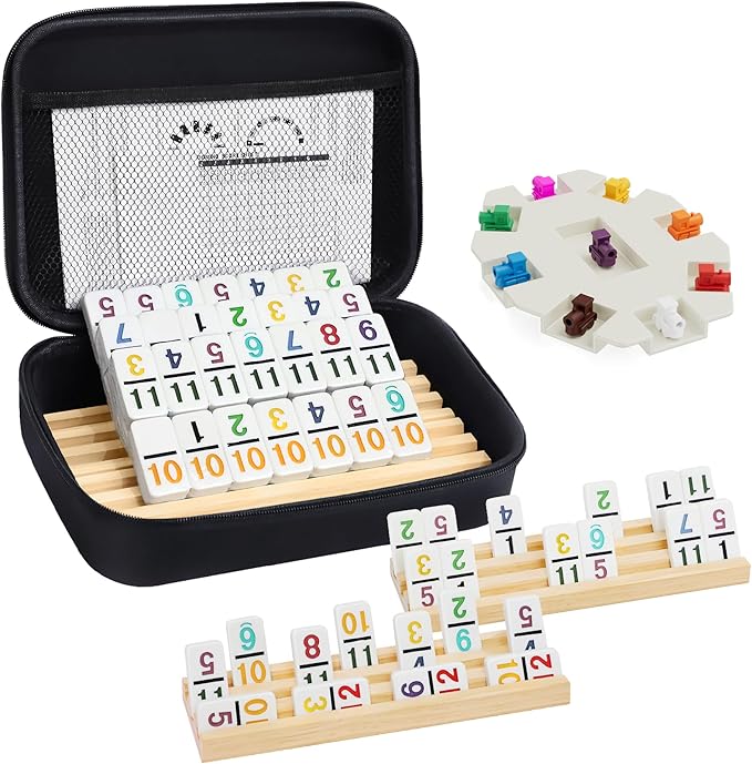 Mexican Train Dominoes Set with Numbers and 4 Wooden Trays/Racks, Double 12 Dominos Travel Set with 4 Tiles Holders, 91 Tiles Double 12 Colored Dominoes Game Set with Portable Case for Families Kids