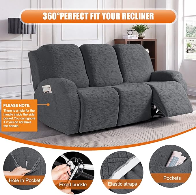 VANSOFY Recliner Covers, 3-Pieces Stretch Reclining Couch Covers with Pockets Reclining Couch Slipcovers 3 Seater Soft Washable Furniture Protector for Dogs Cats(Charcoal Gray)