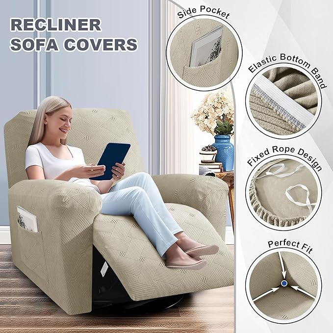 JIVINER Oversized Recliner Chair Covers, 3 Piece Slipcovers for Large Recliner Chair Soft Jacquard Reclining Chair Protector Slipcovers for Dogs,Cats (X-Large, Khaki)