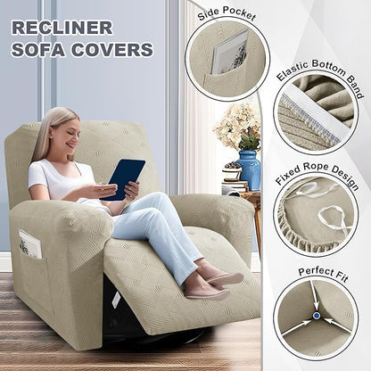 JIVINER Oversized Recliner Chair Covers, 3 Piece Slipcovers for Large Recliner Chair Soft Jacquard Reclining Chair Protector Slipcovers for Dogs,Cats (X-Large, Khaki)
