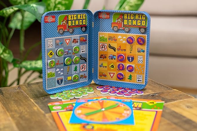Bendon TS Shure Big Rig Trucks Bingo Games Mini Magnetic Activity Tin with Spinner and Foam Magnet Sheet 50523