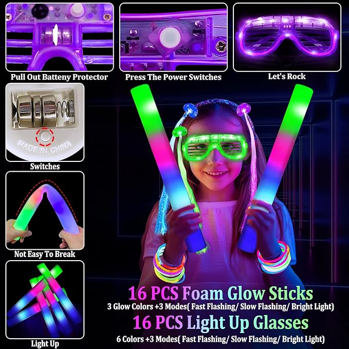 168 PCS Glow Party Supplies Light Up Party Favors with 16 Foam Glow Sticks, 16 LED　Glasses,120 Glow Sticks Bracelets and 16 LED Hair Clips Fiber Optic Neon Accessories for　Birthday, Wedding, Concert