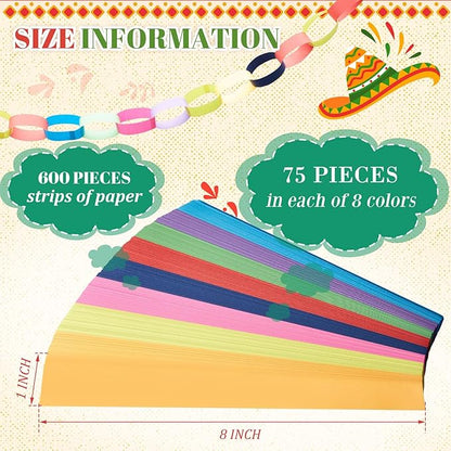 Lincia 600 Sheet Paper Chain Garland Strips 1x8 Inch with Double Sided Tape, DIY Construction Paper Chains for Birthday Wedding Holiday Party Decorations, Crafts Supplies (Mexican Festival)
