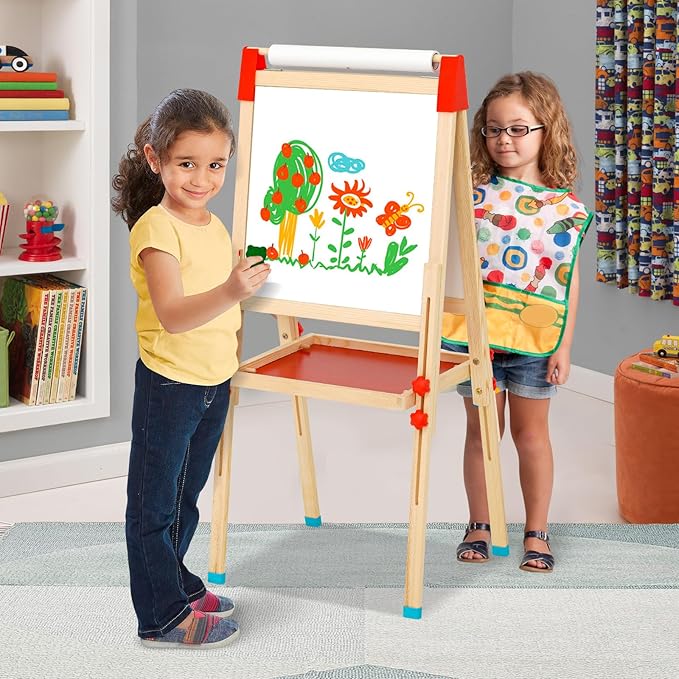Kids Art Easel with Paper Roll Art Standing Easel Double-Sided Whiteboard & Chalkboard & Roll Paper Drawing Board Standing Easel with Accessories for Kids and Toddlers