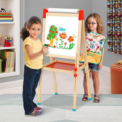 Kids Art Easel with Paper Roll Art Standing Easel Double-Sided Whiteboard & Chalkboard & Roll Paper Drawing Board Standing Easel with Accessories for Kids and Toddlers