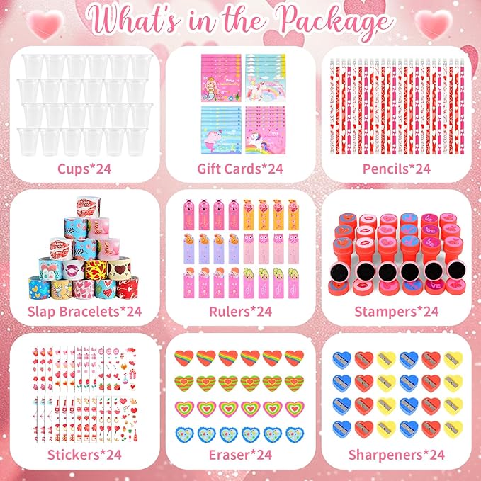 216PCS Valentines Day Gifts for Kids, Valentines Day Stationery Gifts, Valentines Party Favors with Stampers Pencils Rulers Stickers, School Rewards Classmate Gift Exchange Goody Bag Fillers for Kids