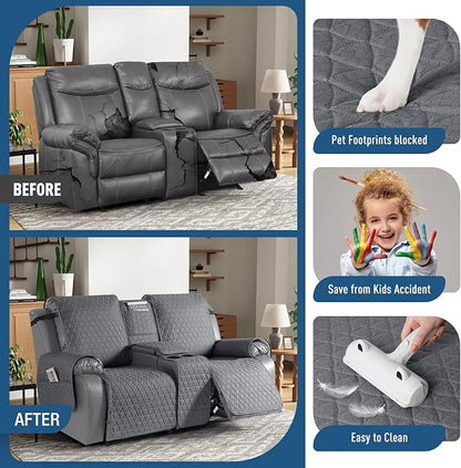 TAOCOCO 100% Waterproof Recliner Cover -Loveseat Recliner Cover with Center Console,Non-Slip Reclining Couch Covers for 2 Seat,with Elastic Straps Pocket for Kids, Dogs (Dark Gray, 2 Seater XL)