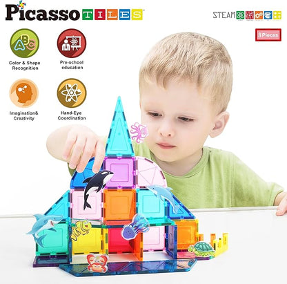 PicassoTiles Magnet Tile Building Blocks 8 Marine Animal Action Figures Compatible Magnetic Accessory Playset Tiles Kids Toys STEM Educational Learning Preschool Toddler Girls Boys Age 3+ PTA25