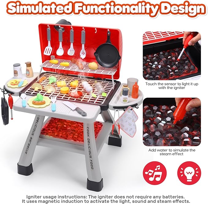 CUTE STONE Kids BBQ Grill Playset, Kitchen Toy Set, Realistic Smoke, Sound & Light,Kitchen Grill Playset,Toy Kitchen Accessories, Indoor Outdoor Interactive Pretend Play Toys for Boys Girls, 23.6" H