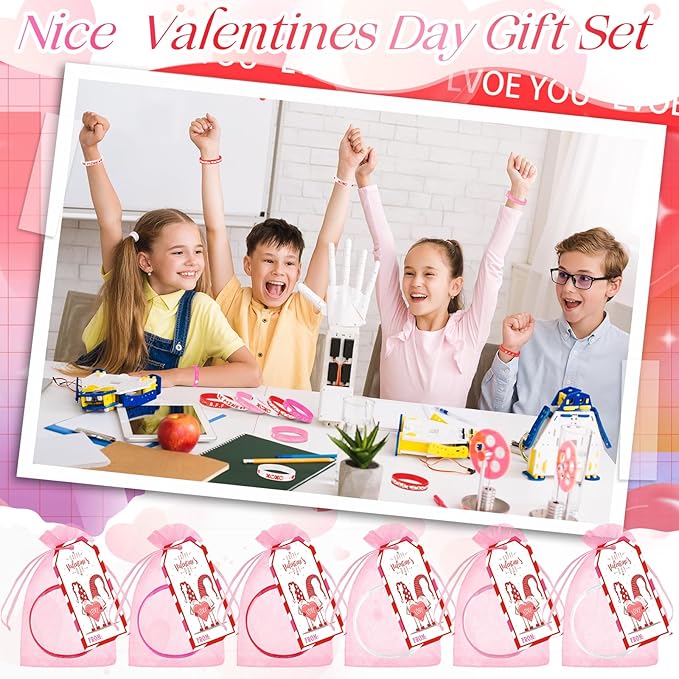 Liliful 24 Set Valentine's Day Classroom Gifts for Kids, 24 Pink Red Love Heart Silicone Wristbands with Cards and Organza Bags for Students Exchange Gift Valentine Party Favors Goodie Bag Stuffers