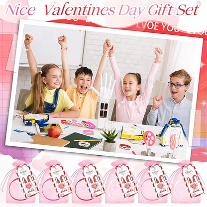 Liliful 24 Set Valentine's Day Classroom Gifts for Kids, 24 Pink Red Love Heart Silicone Wristbands with Cards and Organza Bags for Students Exchange Gift Valentine Party Favors Goodie Bag Stuffers