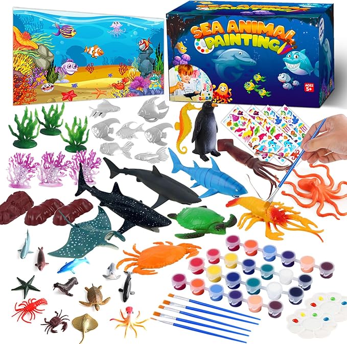 FUNZBO Shark Fish Toys Painting Kits for Kids Art Supplies, Sea Animal Sea Creatures Ocean Toys, Arts and Crafts for Kids Toddlers Boys Girls Ages 3-12