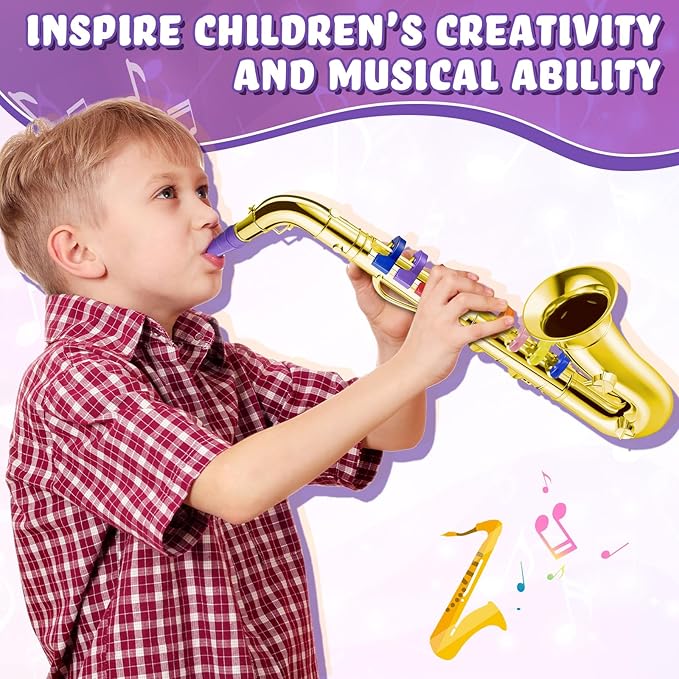 Lewtemi Gold Saxophone Musical Instruments Toy for Kid Toddler Fake Plastic Preschool Music Toy Gift Portable Wind Instrument Early Educational Teaching Songs Gifts for Toddlers Children