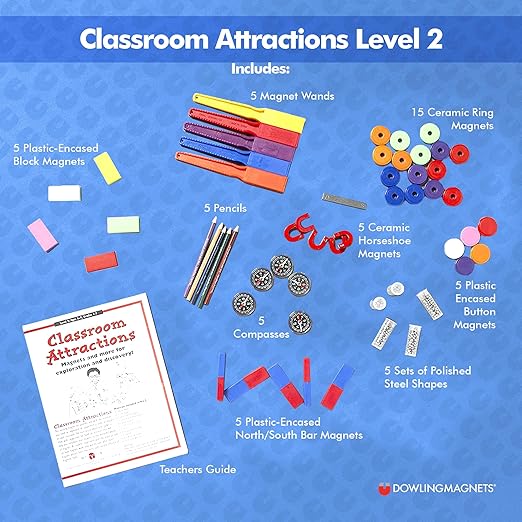 Dowling Magnets Classroom Attractions Comprehensive Magnet Lab: Level 2, Grades 1-3 (Ages 6-9). Classroom Magnets/Science Kit/STEM Kit/Kids Magnets for Classroom/Science Experiments. Item 731302.