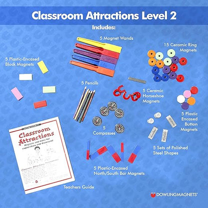 Dowling Magnets Classroom Attractions Comprehensive Magnet Lab: Level 2, Grades 1-3 (Ages 6-9). Classroom Magnets/Science Kit/STEM Kit/Kids Magnets for Classroom/Science Experiments. Item 731302.