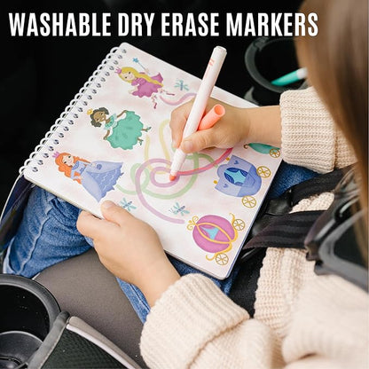 Kids Small Size Travel Educational Activity Book with Washable Markers (7"x7") - Car and Airplane Activities, Learning Toys for Toddlers - Search and Find, Reusable Stickers for Ages 4, 5, 6 (Space)