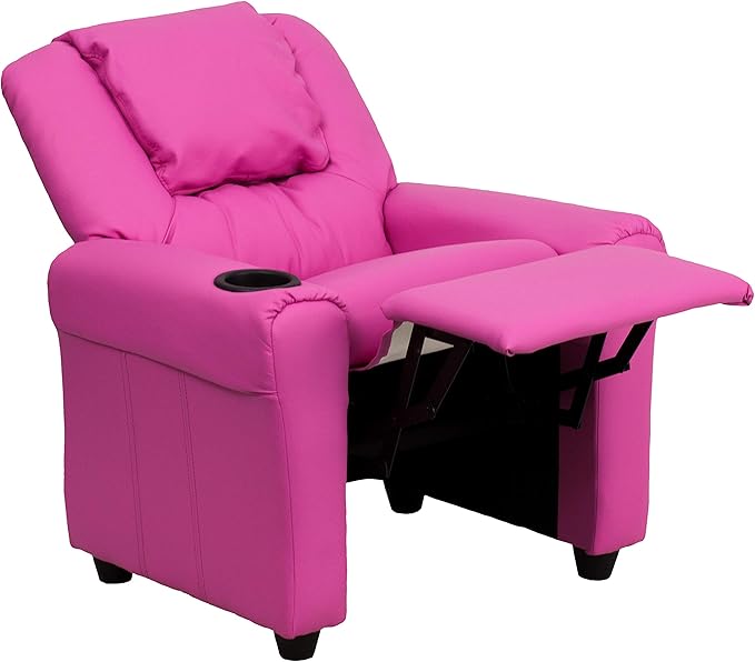 Flash Furniture Vana Vinyl Kids Recliner with Cup Holder, Headrest, and Safety Recline, Contemporary Reclining Chair for Kids, Supports up to 90 lbs., Hot Pink
