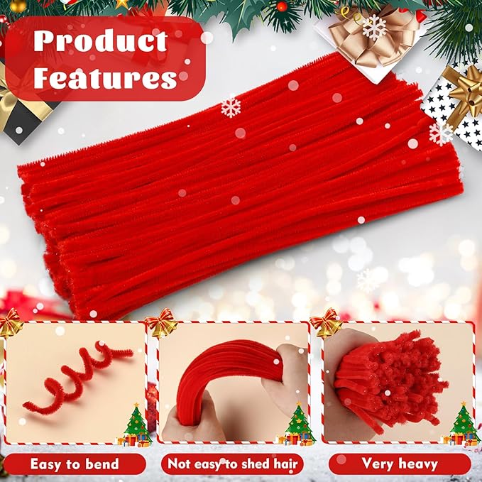 LOKUNN Pipe Cleaners, 200 Pcs Red Pipe Cleaners Craft Set, Solid Color Chenille Stems, DIY Arts and Crafts with Adhesive Eyes and Storage Box, Christmas Halloween Decoration Art Supplies