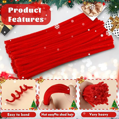 LOKUNN Pipe Cleaners, 200 Pcs Red Pipe Cleaners Craft Set, Solid Color Chenille Stems, DIY Arts and Crafts with Adhesive Eyes and Storage Box, Christmas Halloween Decoration Art Supplies