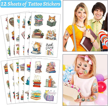 98 PCS Reading Book Party Favors, Reading Book Temporary Tattoos Slap Bracelets Stickers Badges Keychains for Reading Book Birthday Party Decorations Supplies for Kids Boys Girls Book Lovers