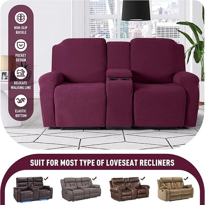 KinCam Loveseat Recliner Covers with Middle Console Slipcover, Recliner Sofa Covers 2 Seat Couch Cover Stripe Jacquard Furniture Protector Covers with Elastic Bottom for Kids, Pets (Burgundy)