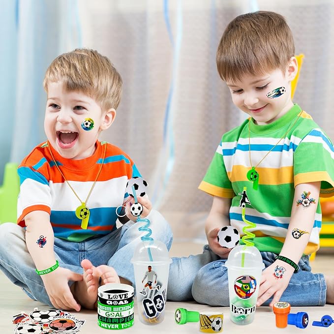 Cinrobiye 146 Pcs Soccer Party Favors, Sports Party Supplies with Cup Straw Soccer Keychain Tattoo Sticker Slap Bracelet Whistle Treat Bag Gifts for Classroom Rewards Soccer Birthday Party (Soccer)