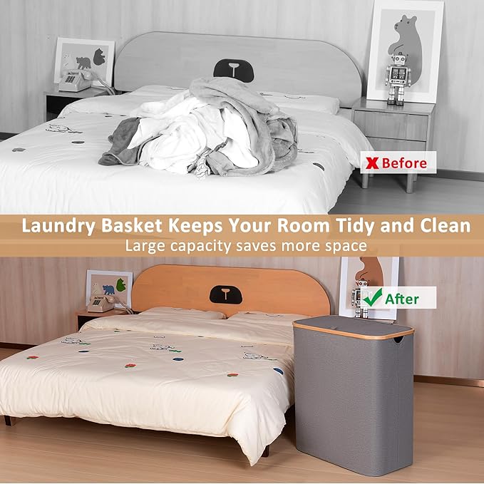 iEGrow Laundry Basket with Lid, 110L Laundry Hamper with Bamboo Handle,Clothes Basket Organizer with Removable Inner Bag for Clothes Toys Towels,Light Grey