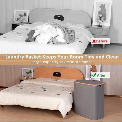 iEGrow 150L Laundry Hamper with Lid-Large Laundry Basket with Bamboo Handles, Grey Hampers for Laundry, Dirty Clothes Hamper with 2 Removable Inner Bags for Clothes Toys Towels