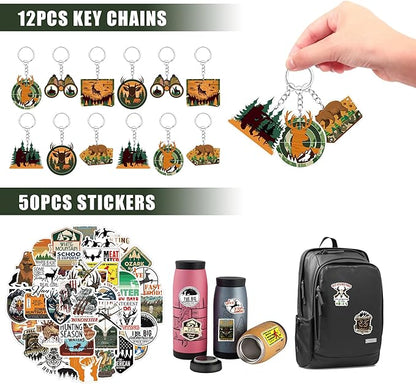 Tazimi 110 PCS Hunting Party Favors Hunting Birthday Party Supplies Camo Party Favors with Hunting Keychains Stickers Rubber Bracelets Button Pins and Bags for Hunting Theme Party