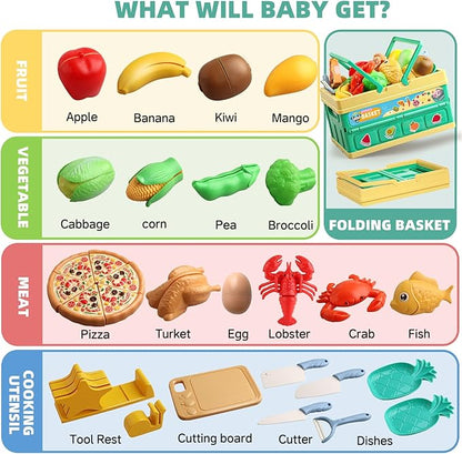 Cutting Play Food Toy for Kids - Pretend Fruit & Vegetable Accessories with Foldable Shopping Storage Basket Play Kitchen Toys with Dishes Knives Learning Toy for Toddler Toys Birthday Gift