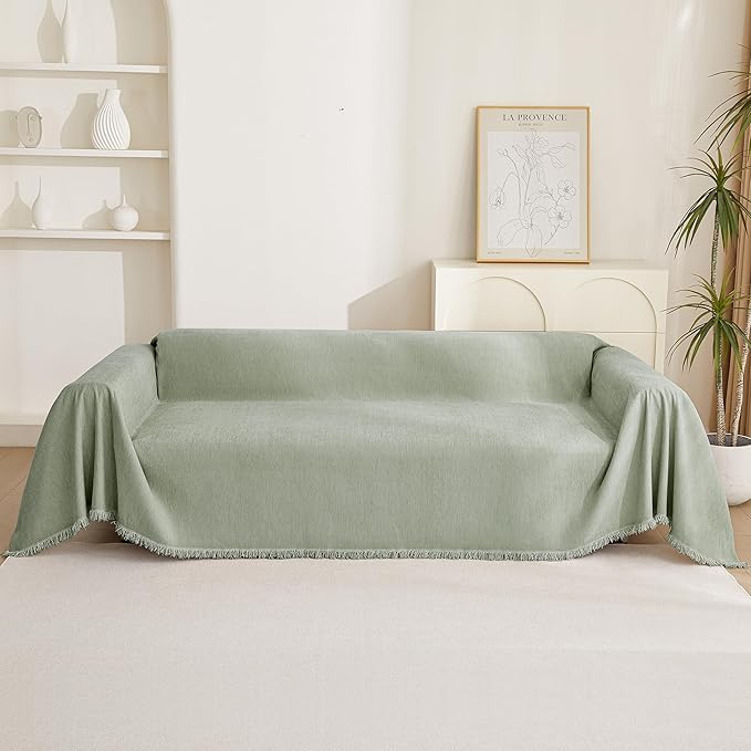 MYSKY HOME Easy Fitted Couch Cover for Dogs Stain Resistant Couch Cover Sage Sofa Covers for 2 Cushion Couch Multi-Use Sectional Couch Cover for Loveseat Universal Tassel Sofa Throw 91"X 118"