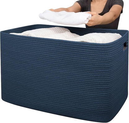 OIAHOMY 118L XXXLarge Cotton Rope Storage Basket, Oversized Blanket Basket, Used for Organizing Dirty Clothes in Living Room, Bedroom, Nursery, Dog Toy Storage Bins, 25" x 17" x 16",Blue