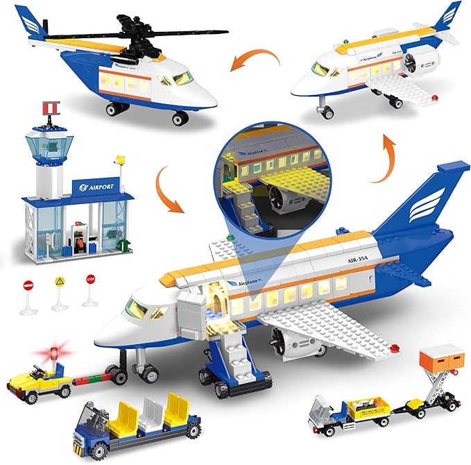 City 3 in 1 Airplane Building Set with Light, 717 PCS Toy Plane Building Blocks Kit with Airport Terminal, Luggage Truck, Aircraft STEM Toys Gift for Boys Girls Kids 6 7 8 9+ Years Old