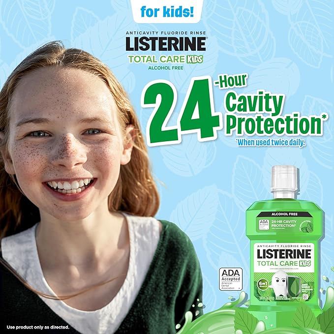 Listerine Total Care Kids Mouthwash, ADA Accepted, Alcohol-Free Anticavity Sodium Fluoride Mouthwash, Kids' Oral Rinse for Cavity Protection, Mint Flavor for Children's Oral Care, 500 mL
