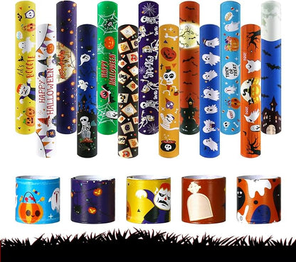 Halloween Slap Bracelet For Kids,48Pcs Halloween Party Favors, Halloween Decorations Gifts Bracelet Decorations Outdoor, Halloween Prizes Snap Bracelets Bulk Decor,Halloween Favors for Kids,Boys,Girls