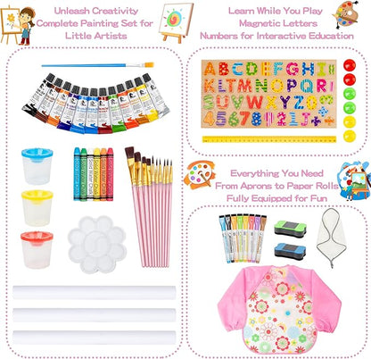 3-in-1 Adjustable Kids Art Easel with Magnetic Whiteboard, Chalkboard & 3 Paper Rolls, All-in-One Double Sided Wooden Painting Easel with Accessories for Toddlers and Kids Ages 3+