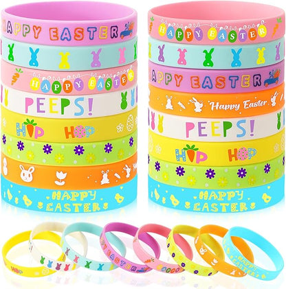 JUNEBRUSHS 24Pcs Easter Party Favors Silicone Bracelets Egg Bunny Rubber Wristbands for Kids Teens Easter Basket Fillers Gift Party Decorations (8 Designs)