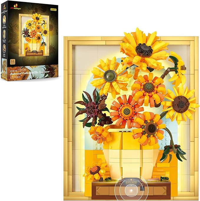 JMBricklayer Flowers Sunflower Building Sets for Adult with Lights 70004, Van Gogh Wall Art Crafts Ideas Flower Bouquet, Painting Frame Room Decor, Valentine’s Day Birthday Gifts for Women Girl